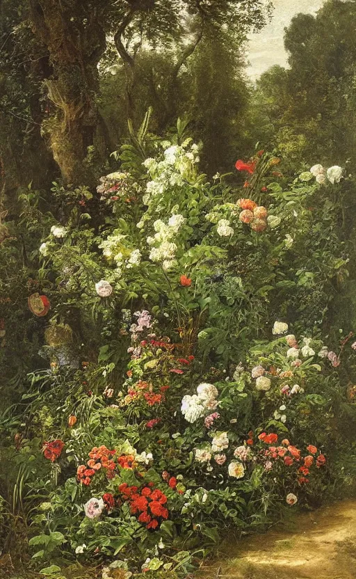 Prompt: artwork painting of a lush environment, flowers by grave by eugene von guerard, ivan shishkin