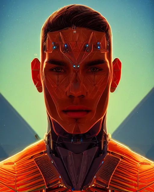 Image similar to portrait of a handsome symmetric cyborg, desert oasis background, ultra realistic, highly detailed, hd, sharp focus, cinematic lighting, realistic, photorealistic, vivid colors, painting, photograph, digital art, non blurry, sharp, artstation, concept art, smooth, illustration