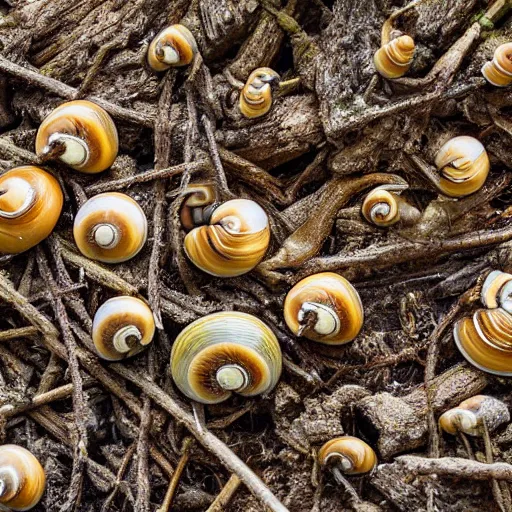 Prompt: a group of snails protesting in the forest. photograph, hyper-realistic