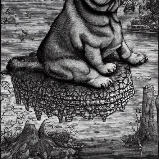 Prompt: adorable pug sleeping on a shoe in a pond in a dark forest, detailed illustration in dotted, black and white, in the style of gustave dore's dante's inferno