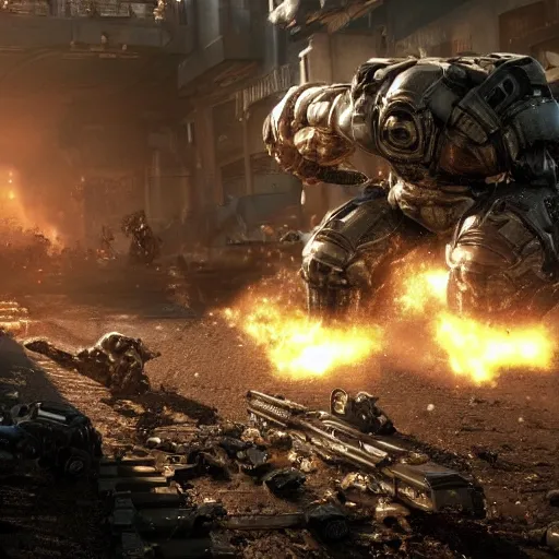 Image similar to killer robots in gears of war, splash art, movie still, cinematic lighting, ray tracing, octane render, long lens, shallow depth of field, bokeh, anamorphic lens flare, 8 k, hyper detailed, 3 5 mm film grain