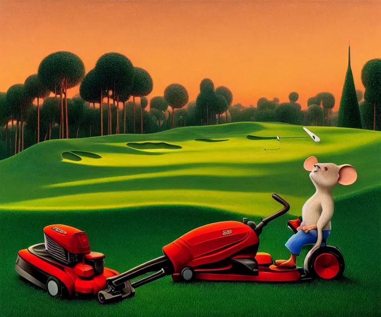 Prompt: hyper detailed 3d render like a Oil painting - a cartoon mouse riding a lawnmower across a golf course at dawn, by Jacek Yerka, Mariusz Lewandowski, Houdini algorithmic generative render, Abstract brush strokes, Masterpiece, Edward Hopper and James Gilleard, Zdzislaw Beksinski, Mark Ryden, Wolfgang Lettl, hints of Yayoi Kasuma, octane render, 8k