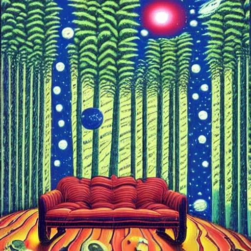 Prompt: psychedelic trippy couch lush pine forest, planets, milky way, sofa, cartoon by rob gonsalves