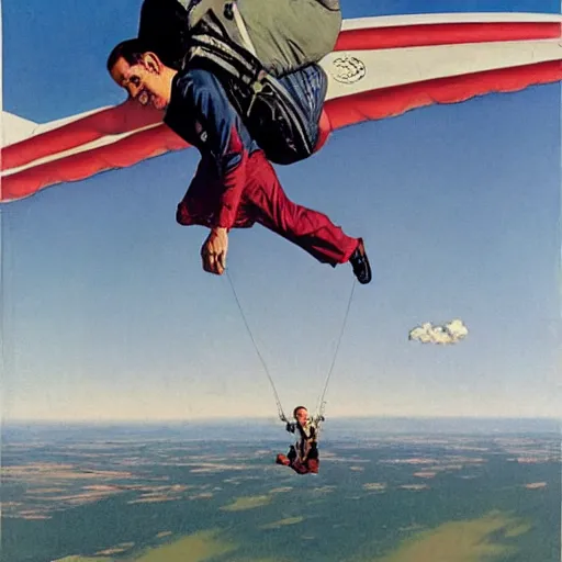 Image similar to benjamin netanyahu skydiving, plane and parachute in background, by norman rockwell, highly detailed, sharp faces