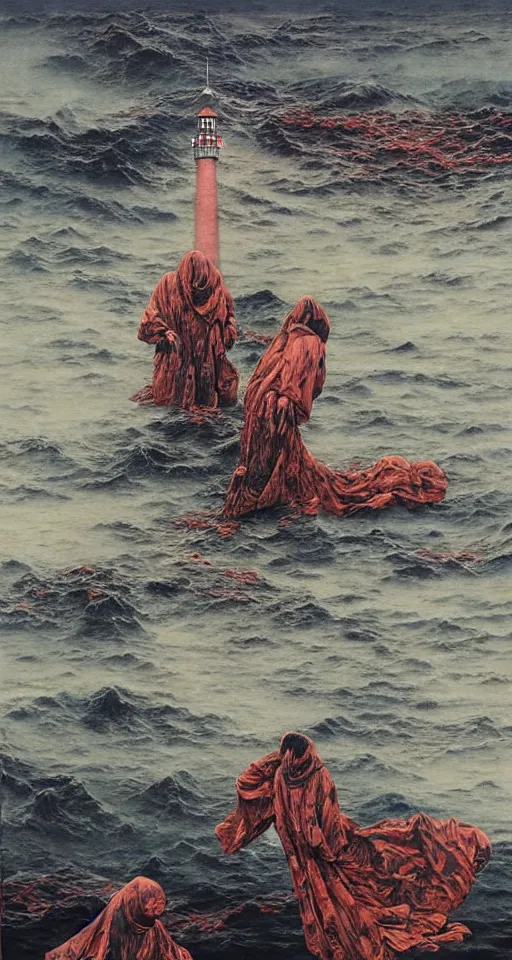 Image similar to worshippers in robes belonging to the cult of the lighthouse standing in the water, a lighthouse, high detailed beksinski painting, part by adrian ghenie and gerhard richter. art by takato yamamoto. masterpiece, deep colours, blue