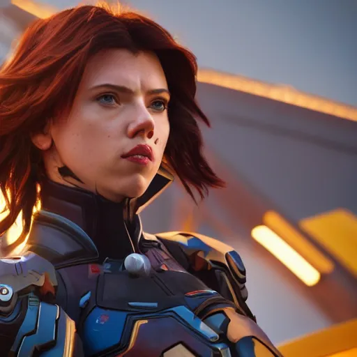 Image similar to scarlett johansson as tracer, overwatch, photography, movie,