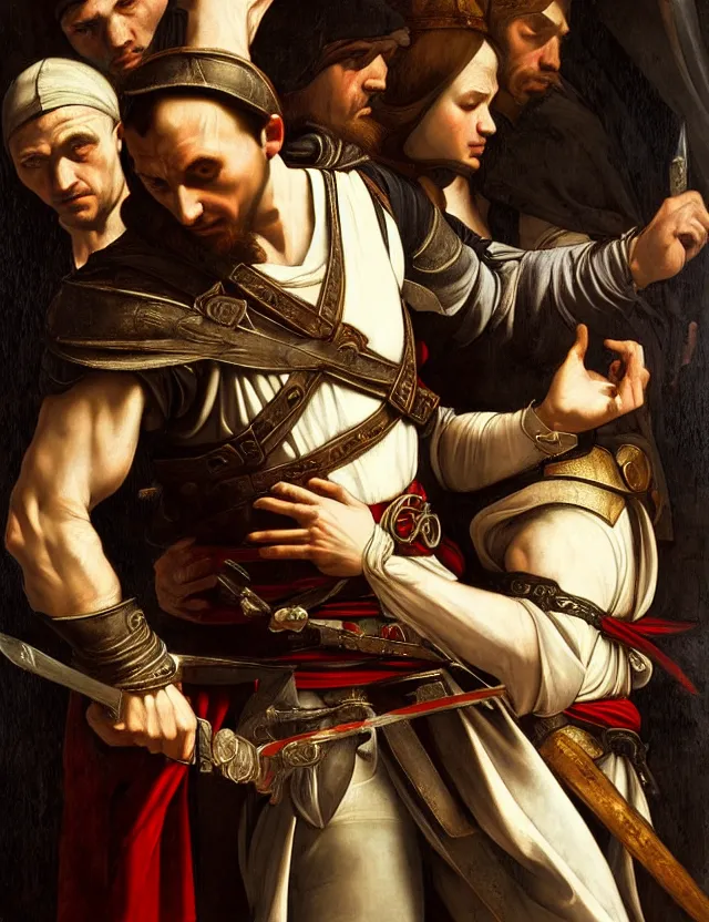 Prompt: historical art of assassin creed in rome in the style of renaissance painting, the beautiful goddess, crazy details, chiaroscuro, oil painting, jan matejko, caravaggio, jan van eyck, trending on artstation, artgerm, the best photos of deviantart