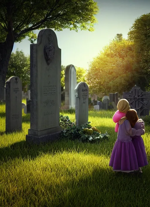 Prompt: a child and their mother in a graveyard, soft surface texture, photo, soft sun lights, 4 k, high detailed photography result, 5 0 mm lens, rich deep colors, smooth gradients, depth of field, cinematic, hyper realism, high detail, octane render, unreal engine 5, 8 k, vibrant colors