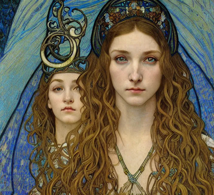 Image similar to detailed realistic beautiful young medieval queen face portrait by jean delville, alphonse mucha, vincent van gogh, and marco mazzoni, art nouveau, symbolist, visionary, gothic, pre - raphaelite