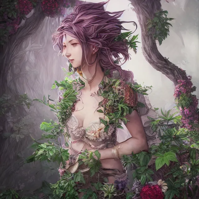 Image similar to the portrait of chaotic good female druid botanist as absurdly beautiful, gorgeous, elegant, young gravure idol, an ultrafine hyperdetailed illustration by kim jung gi, irakli nadar, intricate linework, sharp focus, bright colors, octopath traveler, final fantasy, unreal engine 5 highly rendered, global illumination, radiant light, detailed and intricate environment