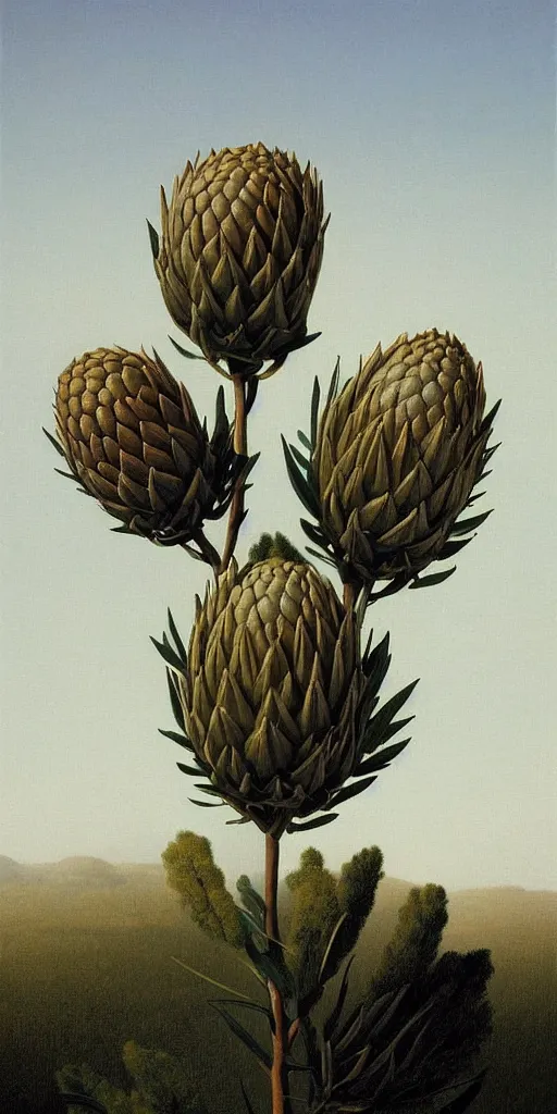 Image similar to tall king proteas against a black backdrop by martin johnson heade, detailed brush strokes, artstation