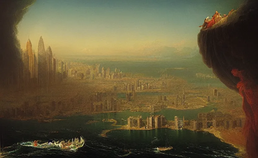 Image similar to “ the fall of dubai, in the style of thomas cole ”