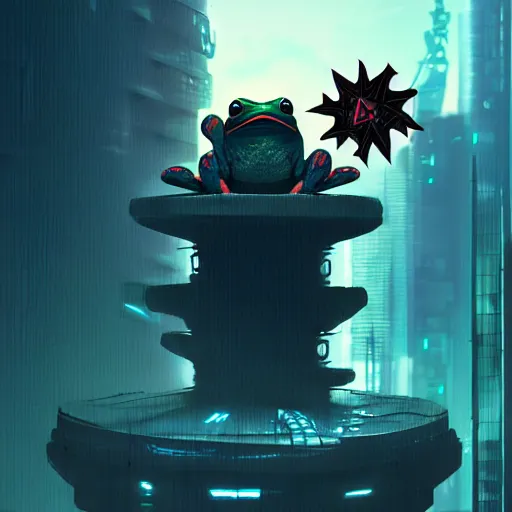 Prompt: A ninja frog with a big shuriken on its back standing at the top of a cyberpunk building, artstation, atmospheric, concept art, digital art