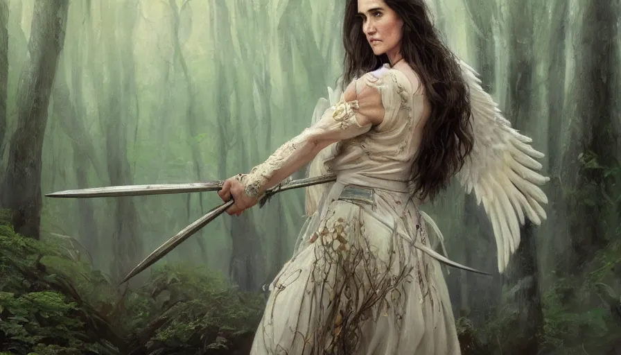 Image similar to A beautiful detailed painting of jennifer connelly as a female angel warrior in a magical forest by john sargent and Kalin Popov , Trending on artstation HD.