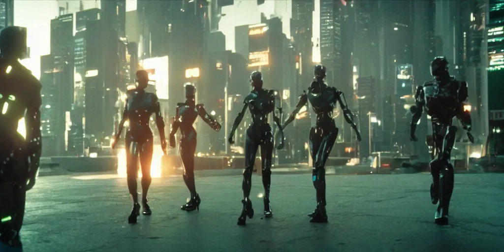 Prompt: Cyberpunk android chrome Robot fight movie escene, shot on imax, cinematic scene, CineStill 800T Film,