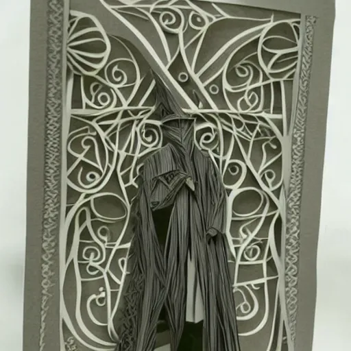 Prompt: intricate cut paper sculpture of the sorcerer's apprentice from fantasia