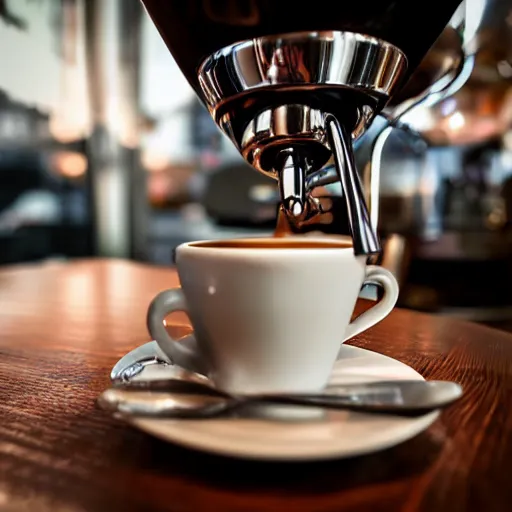 Image similar to close up realistic detailed photo of an expensive coffee machine in a cozy coffee shop, hdr, depth of field, chrome, reflections, volumetric lighting