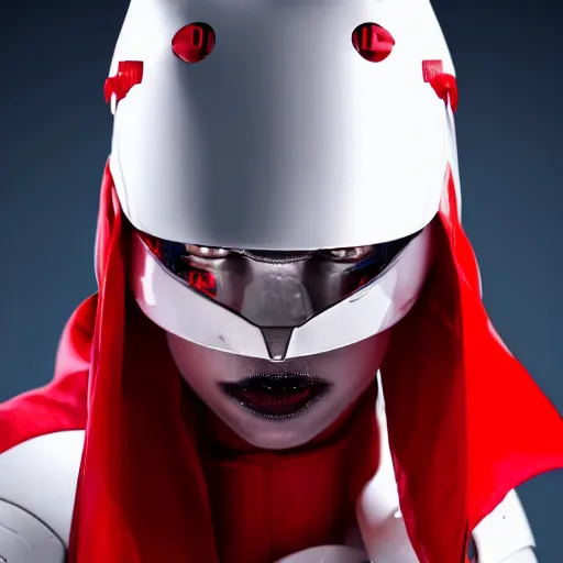 Image similar to headshot of an beautiful female soldier in glossy sleek white armor with tiny red details and a long red cape, downward angle, determined expression, on the surface of mars, night time, dramatic lighting, cinematic, sci-fi, hyperrealistic