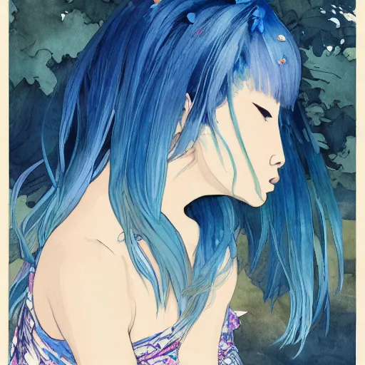 Prompt: side view a beautiful and inspiring intricate watercolor illustration artwork bright blue hair japanese girl in the forest, feeling the nature, eyes closed, 4 k, ultra - wide angle, by william turner, by victo ngai, by alphonse mucha, by miho hirano, hd, trending on artstation, hyper detailed, muted colors, inspiring, beautiful, energetic