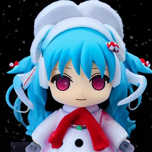 Image similar to snow miku nendroid pvc, christmas lights and snow in the background