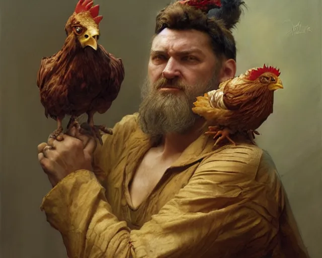 Prompt: portrait of a scary man dressed as a chicken, highly detailed painting by gaston bussiere, craig mullins, j. c. leyendecker 8 k