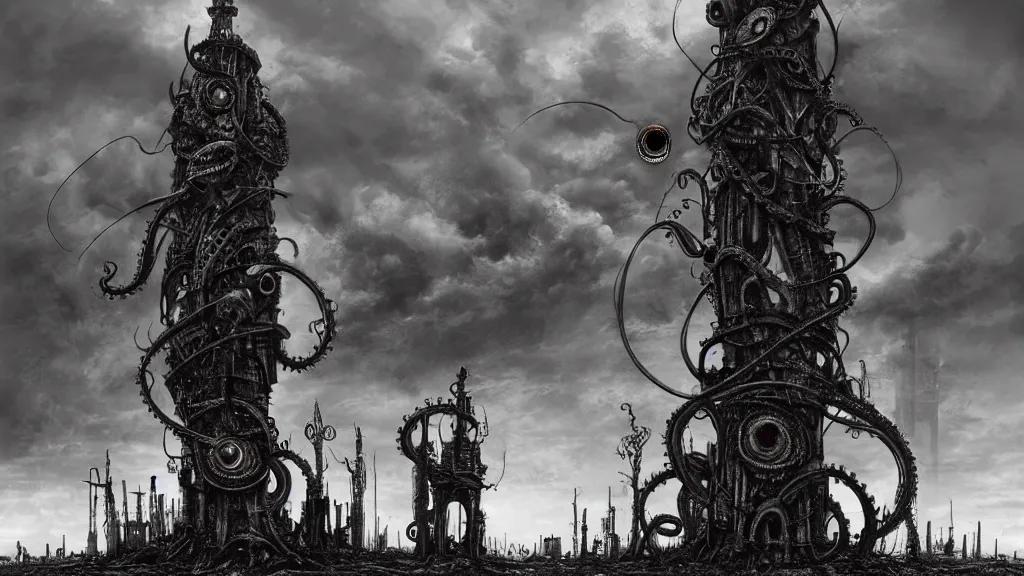 Image similar to A tower with an Eyeball at the top, BioMechanical like Giger, with tentacles coming out, looking over a stormy post-apocalyptic wasteland, dystopian art, wide lens