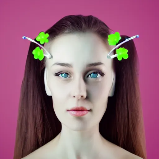 Image similar to female robot face with flower antennas