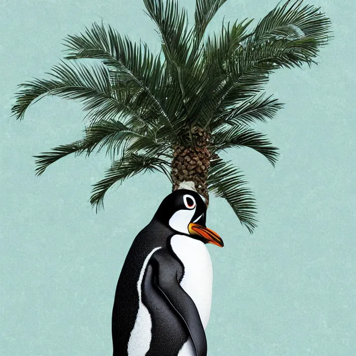 Image similar to penguin with a palm tree growing on its head, digital art, highly detailed