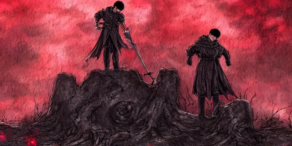 guts from berserk standing in front of a grave during