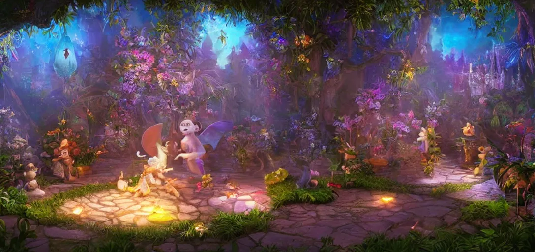 Image similar to a magic garden, with monkeys playing with diamonds, fairies and scissors, details, smooth, sharp focus, illustration, realistic, cinematic, artstation, gold, ornate, award winning, original modern artwork, rgb ethereal lighting, 8k