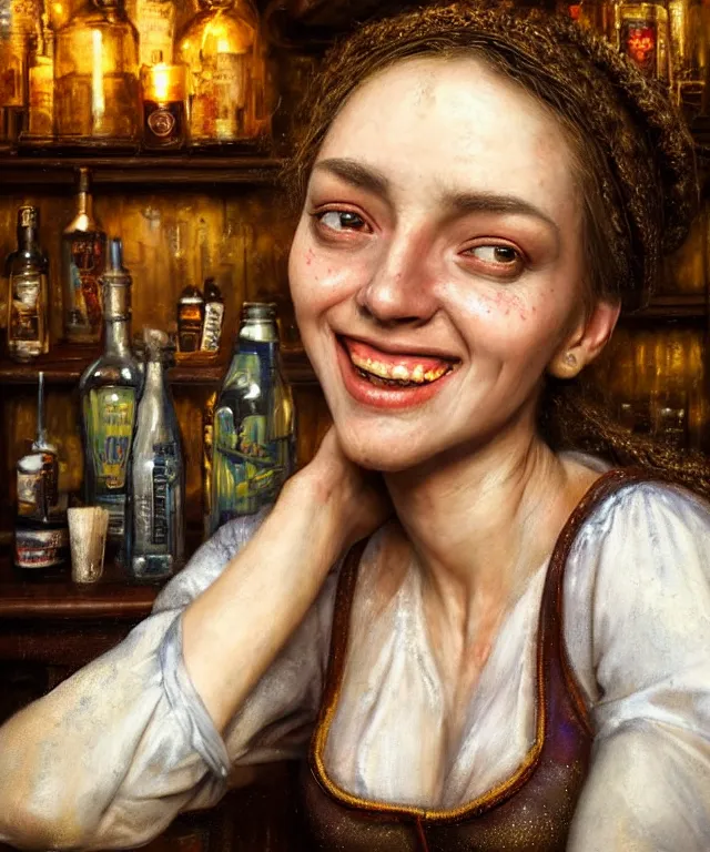 Prompt: hyperrealistic mixed media painting of a beautiful smiling charismatic barmaid, dimly lit cozy tavern, relaxed pose, medieval period, stunning 3d render inspired art by Tim Okamura + perfect facial symmetry + dim volumetric lighting, 8k octane beautifully detailed render, post-processing, extremely hyperdetailed, intricate, epic composition, grim yet sparkling atmosphere, cinematic lighting + masterpiece, trending on artstation, very very detailed, masterpiece, stunning, lifelike, photorealistic, art by John Collier and Albert Aublet and Krenz Cushart and Artem Demura and Alphonse Mucha