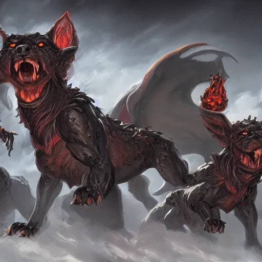 Prompt: three headed hellhound, hell background, cerberus monster, epic fantasy style, in the style of Greg Rutkowski, hearthstone artwork