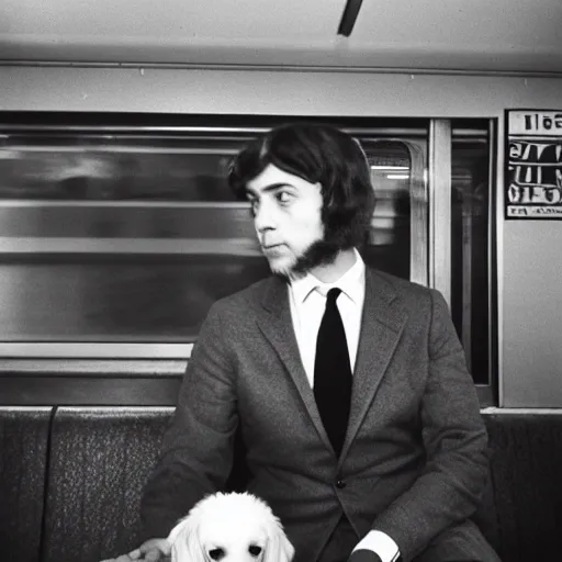 Prompt: a dog wearing a business suit on a subway train, 1 9 7 0 colour photography