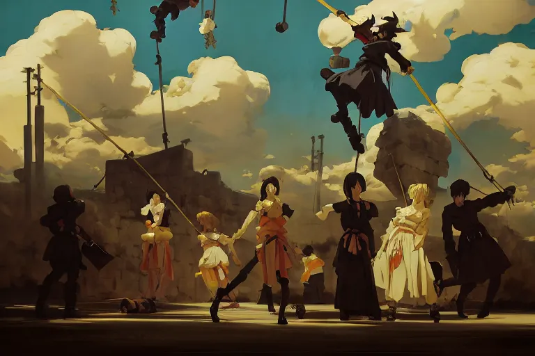 Image similar to baroque oil painting of key visual environment concept art of anime maids executing a war criminal by public hanging, brutalist, dark fantasy, rule of thirds golden ratio, fake detail, trending pixiv fanbox, acrylic palette knife, style of makoto shinkai studio ghibli genshin impact james gilleard greg rutkowski chiho aoshima