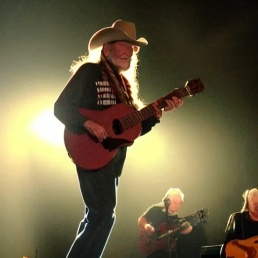 Image similar to willie nelson on stage, four fingers holdingguitar. god rays through fog.