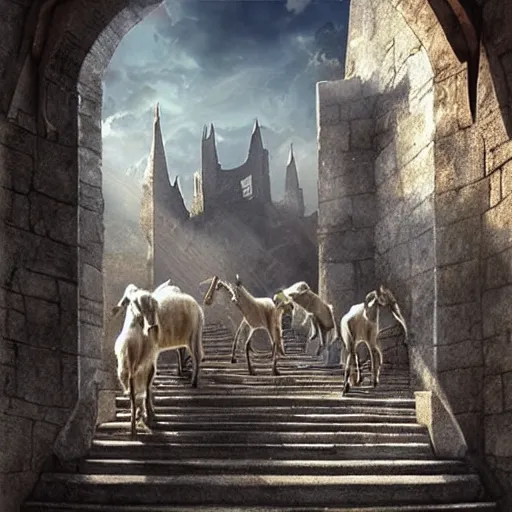 Image similar to a herd of goats! climbing stairs in a beautiful fantasy castle made from white stone and bright copper, medieval city, metropolis, magic, tall towers, sunlight, white marble, god rays, digital art, landscape, fantasy art, octane render, unreal engine, high detail, very realistic, by greg rutkowski. by james gurney