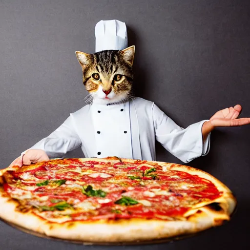 Prompt: studio photograph, a cat dressed as a chef taking a pizza out of an oven
