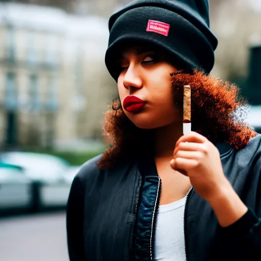 Image similar to Photograph of a mixed woman smoking, wearing a black beanie and black bomber jacket, urban environment, depth of field, 4k, 8k, hd, sigma 85mm f/1.4