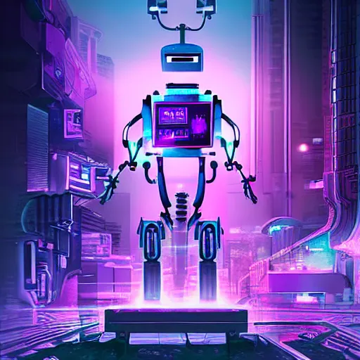 Image similar to hyperrealistic cyberpunk style poster with a robot, purple color theme, dramatic lighting