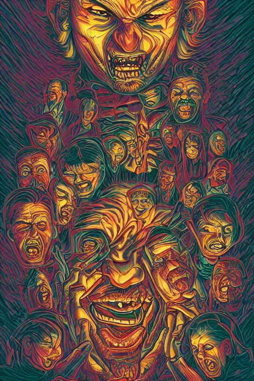 Image similar to twisting faces full of pain pleasure fear love joy and agony, by dan mumford