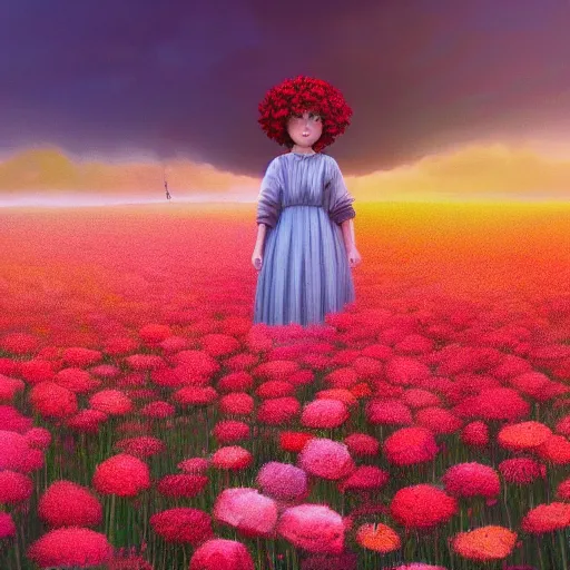 Image similar to face made of carnations flower, girl standing in a flower field, surreal photography, sunrise dramatic light, impressionist painting, colorful clouds, digital painting, artstation, simon stalenhag, flower face