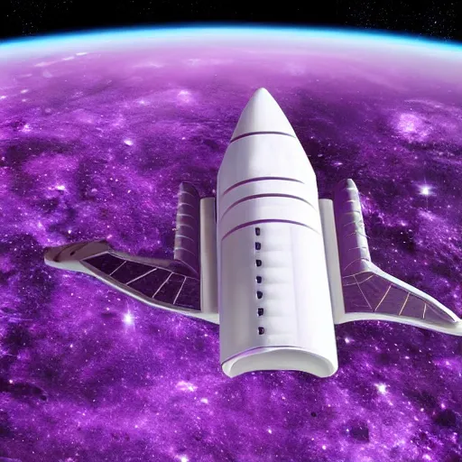 Image similar to a space ship preparing to leave a planet, the planet has purple rivers, the space ship is still on the surface of the planet, realistic, NASA