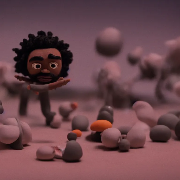 Image similar to a cinematic film still of a claymation stop motion film starring childish gambino, shallow depth of field, 8 0 mm, f 1. 8