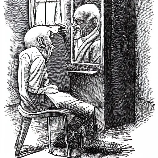 Prompt: old man lookin in the mirror at an evil twisted version of himself