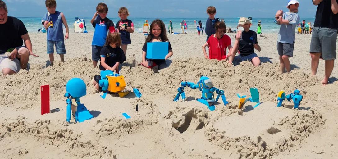 Prompt: robots building 1:1 scale sandcastles at the beach