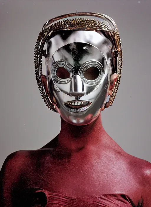 Prompt: a fashion portrait photograph of a woman wearing a metal mask designed by david lachapelle, 3 5 mm, color film camera,
