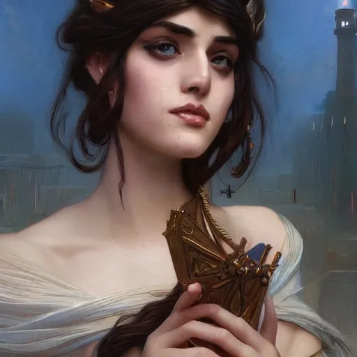 Prompt: A seductive twenty year old Mesopotamian witch in training, in a major Mesopotamian city, highly detailed, digital painting, artstation, concept art, sharp focus, illustration, cinematic lighting, art by artgerm and greg rutkowski and alphonse mucha
