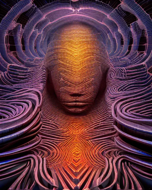 Image similar to 3 d render dark deep folded labyrinth of the ai mind with profile picture by luis toledo and alex grey and beeple. neosurrealism. digital art, pixel art, concept art, octane render, trending on cgsociety, trending on artstation