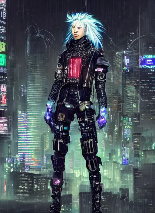 Image similar to stunning futuristic superb cyberpunk young female Samurai wearing samurai armor hybrid with military tactical vest, armor has neon circuitry, long white hair, windswept hair, sci-fi in futuristic stormy heavy rain thunder flashing tokyo rooftop cyberpunk night, sci-fi,fantasy, intricate, very very beautiful, elegant, neon light, highly detailed, Cinematic, digital painting, artstation, hyper realism, concept art, soft light, hdri, smooth, sharp focus, illustration, unreal engine 4, art by tian zi and craig mullins and WLOP and alphonse mucha