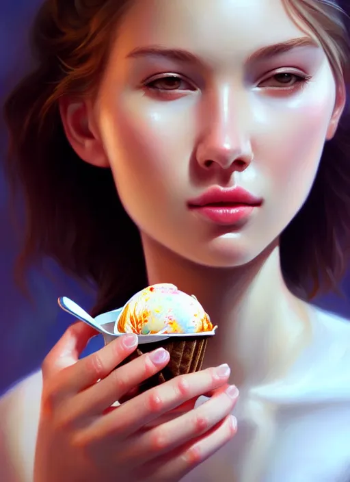 Image similar to a photorealistic detailed portrait of a beautiful girl eating ice cream, detailed, intricate, elegant, highly detailed, digital painting, artstation, concept art, smooth, sharp focus, illustration, art by greg rutkowskii 8 k